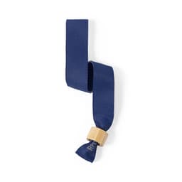 A drink bottle in navy blue with a wooden accent and a textured ribbon design. It features a logo.