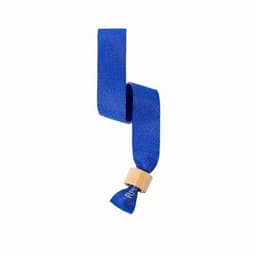 A blue ribbon with a wooden bead at one end. The ribbon is smooth and twists elegantly.