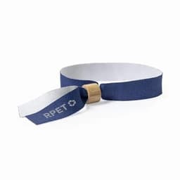A drink bottle holder with a navy blue strap, featuring a wooden accent and a logo.
