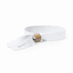 A wristband made of white fabric with a bamboo clasp, featuring a logo.