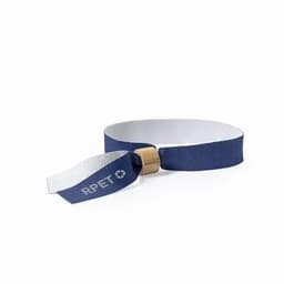 A drink bottle holder in navy blue with a white strap and a wooden clasp, featuring a logo.