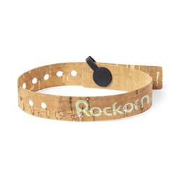 A cork belt with black accents and branding, featuring multiple holes for adjustment.