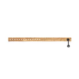 A measuring tool made of wood with marked measurements and a black adjuster at one end.