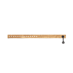 A wooden ruler with multiple holes and a black adjustment mechanism, featuring a natural wood finish.