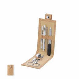 A grooming kit with various metal tools includes scissors, tweezers, and a nail file, all housed in a tan holder.