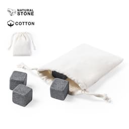 A natural stone cooling set in a cotton bag, featuring four dark grey cubes. The bag is cream coloured.