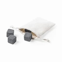 A fabric pouch containing four grey whiskey stones, designed for chilling beverages.