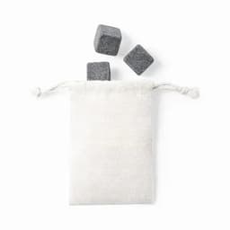 A small cloth pouch containing three grey drink chilling stones.