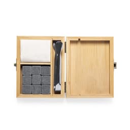 A wooden box containing drink stones, a cloth, and a serving tool. The box is made of bamboo.