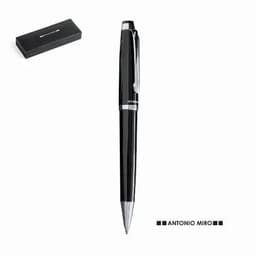 A black pen with a silver clip, packaged in a black box, featuring a logo on the pen.