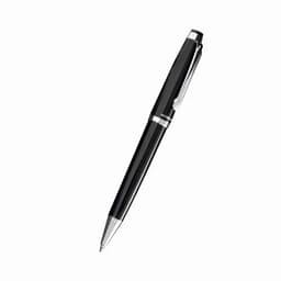 A black pen with a shiny silver clip and detailing, featuring a sleek design and smooth finish.