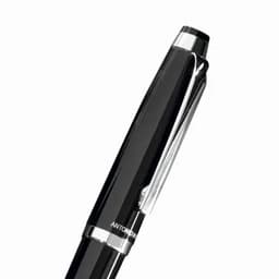 A black pen with a shiny chrome clip and detailing, featuring a logo on the side.