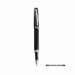 A black pen with a shiny finish and silver accents, featuring a logo branding on the barrel.