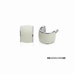 A pair of silver and white earrings with a smooth, curved design. The image includes a logo.