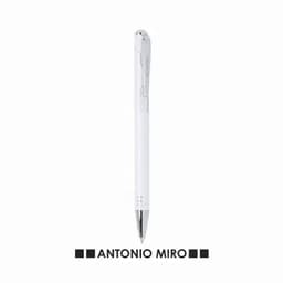 A white pen with a silver clip and a branding logo at the base.