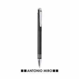 A pen in black with silver accents and a logo. The design features a sleek and modern appearance.