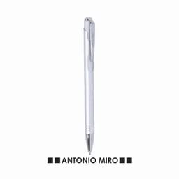 A white pen with a silver clip and a shiny tip, featuring a logo on the body.