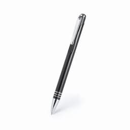 A black pen with a silver clip and decorative stripes along the barrel, standing upright on a white background.