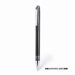 A black pen with a sleek design and chrome accents, featuring a logo at the base.
