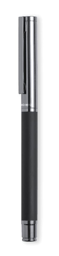 A black pen with a chrome clip, featuring a sleek design and a round tip. It has a branding logo on the barrel.