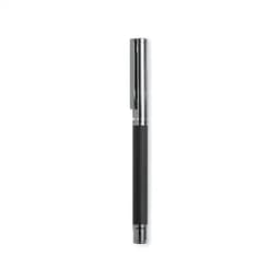 A pen with a sleek black body and chrome accents, featuring a clip and a smooth finish.