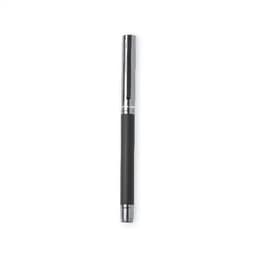 A black pen with a chrome cap and trim, featuring a sleek design and smooth grip. There is a logo on the pen.