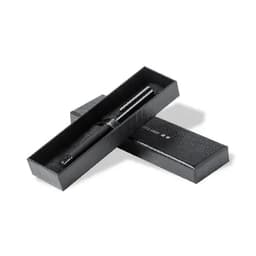 A sleek black pen in a black box with a textured design, partially open to reveal the pen inside.
