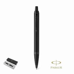A black pen with a sleek design, accompanied by a white pen refill, featuring a logo.