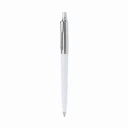 A white pen with a silver clip and tip. The pen features a smooth design and has a logo.