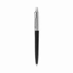 A black and silver pen with a sleek design, featuring a clip and a branded logo.