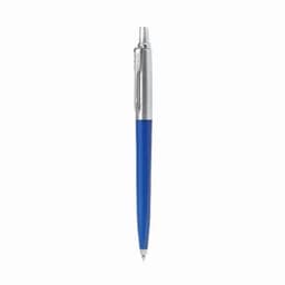 A blue pen with a silver clip and a smooth barrel, featuring a logo on the clip.