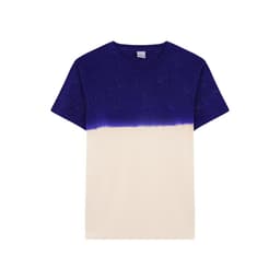 A T-shirt featuring a blue gradient at the top and a cream-coloured bottom. It has a simple design with no visible logos.