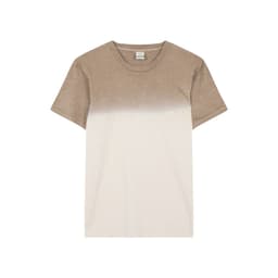 A t-shirt featuring a gradient design from brown to light beige. It has a round neckline and short sleeves.