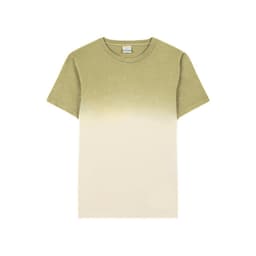 A T-shirt featuring a green to beige ombre design, with short sleeves and a round neckline. It has a logo on the label.