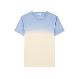 A T-shirt featuring an ombre design transitioning from light blue at the top to cream at the bottom, with a brand logo.