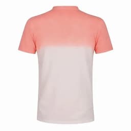 A T-shirt with a gradient design, featuring pink shades transitioning from darker to lighter at the bottom. It has a logo.