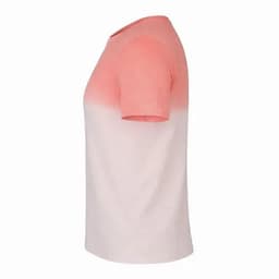 A short-sleeved t-shirt in a gradient of coral to pale pink, featuring a logo on the front.