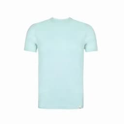 A light blue T-shirt with a crew neck and short sleeves, featuring a logo on the hem.