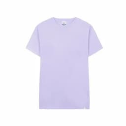 A plain lilac T-shirt featuring a crew neckline and short sleeves, with a small logo at the hem.