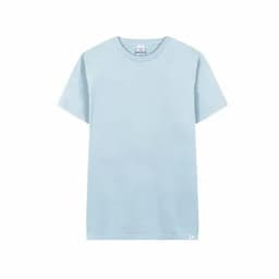 A light blue t-shirt with short sleeves, featuring a label at the neckline and a small logo.