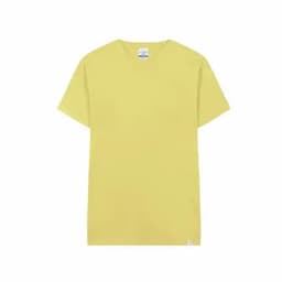 A yellow t-shirt with a round neck and short sleeves, featuring a branding label on the side.