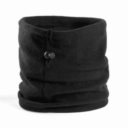 A black fleece neck gaiter with adjustable drawstring for a secure fit. Ideal for warmth and comfort.