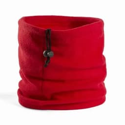 A red fleece neck warmer with a drawstring toggle for adjustable fit. It features a soft, snug design.