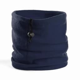 A navy blue fleece neck warmer with a drawstring adjustment. It has a soft texture and is designed for warmth.