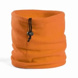 An orange fleece neck warmer with a drawstring adjustment feature. It has a simple, unbranded design.