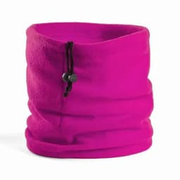 A pink neck gaiter made of soft fabric with a cinch cord for adjustable fit. Features branding visible on the product.