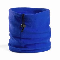 A blue fleece neck warmer featuring a drawstring for adjustment and a soft, cozy texture.