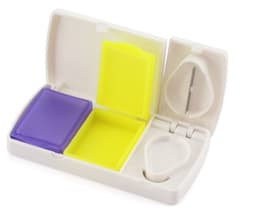 A compact storage case with purple and yellow sections, featuring a small cutting tool. It has a white exterior.