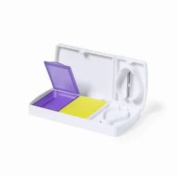 A compact, white container with a purple and yellow tray, featuring a mirror and a small applicator.