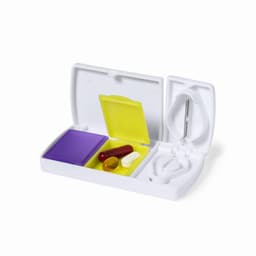 A pill organiser in white, featuring a purple and yellow compartment with various capsules inside.